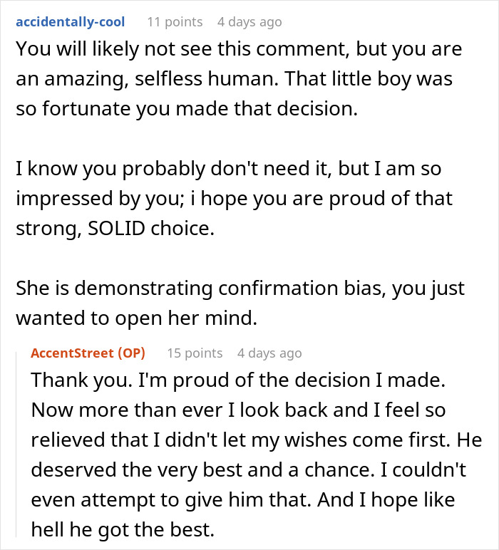 Reddit conversation about adoption decision; supportive comments and a proud response by original poster.