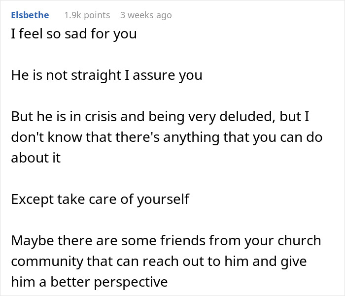 Text discussing a man's crisis with gay marriage influenced by church views. Text discussing a man's crisis with gay marriage influenced by church views.