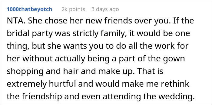 Reddit comment discussing wedding refusal and friendship issues with a non-bridesmaid role. Reddit comment discussing wedding refusal and friendship issues with a non-bridesmaid role.