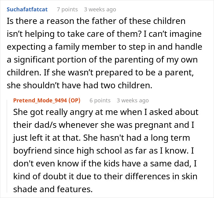 Reddit discussion about a woman upset with her sister over unpaid babysitting, addressing parental responsibilities.
