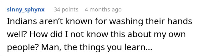 Reddit comment discussing handwashing habits among Indians.