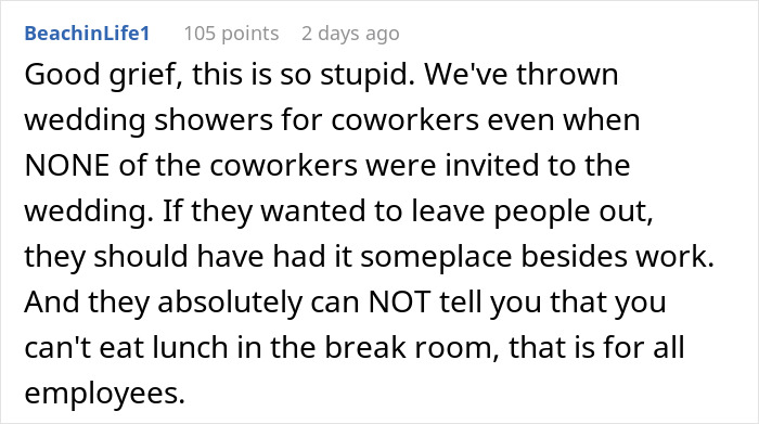 Reddit comment discussing office parties and exclusion, highlighting a conflict over break room use and coworker gatherings.