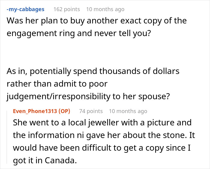 Reddit conversation about swapping real engagement ring for a fake to protect it, leading to engagement breakup.