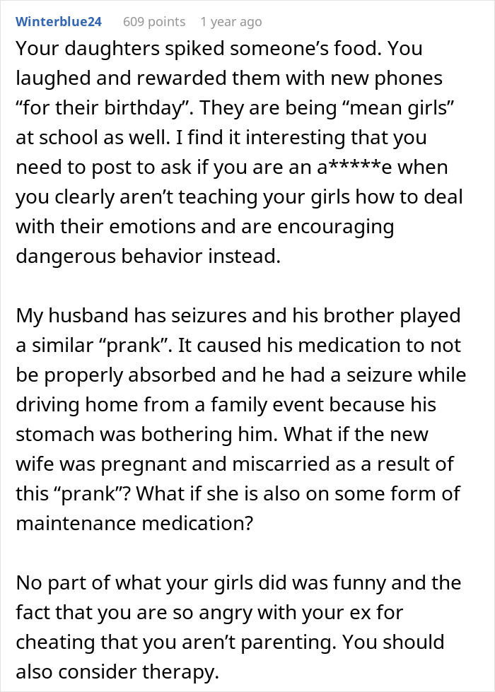 Comment criticizing kids' prank of spiking dad&rsquo;s mistress&rsquo;s food with laxatives, highlighting dangerous behavior.