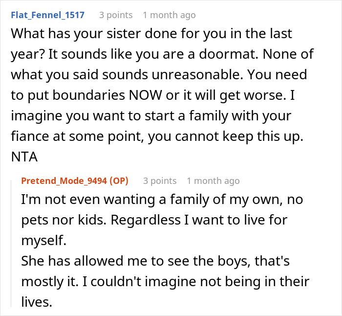 Reddit conversation about setting boundaries on unpaid babysitting for a sister.