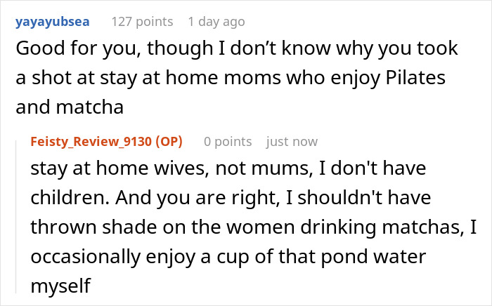 Reddit exchange discussing stay-at-home spouses, matcha, and living well after challenges.