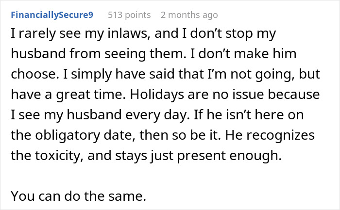 Reddit comment about handling toxic in-laws and family dynamics. Reddit comment about handling toxic in-laws and family dynamics.