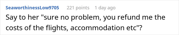 Comment thread about a coworker's response to a refund request for non-refundable vacation costs. Comment thread about a coworker's response to a refund request for non-refundable vacation costs.