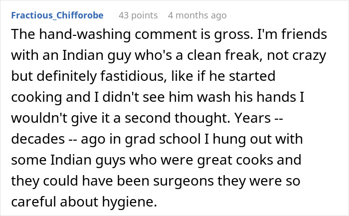 Text comment discussing hygiene in cooking, mentioning an Indian friend's cleanliness and cooking skills from grad school.