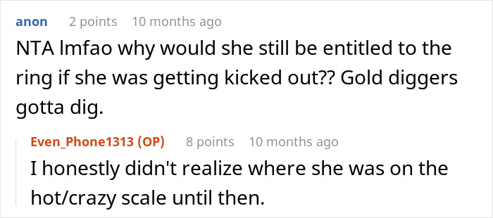 Reddit comment discussing swapping a real ring for a fake, leading to broken engagement over a gold digger accusation.