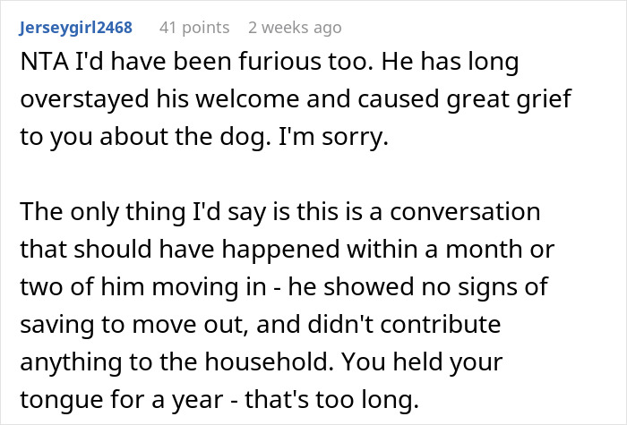 Reddit comment about a brother-in-law overstaying his welcome and causing household issues after a year.