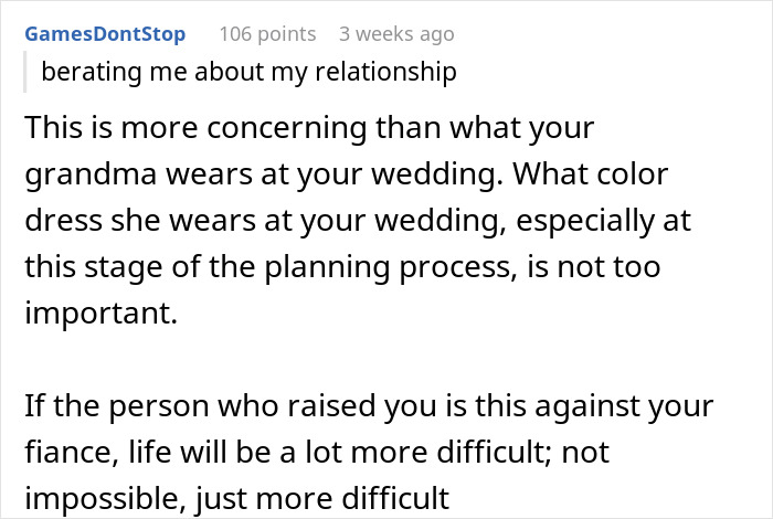 Reddit comment discussing wedding dress concerns about grandma wearing white, shared by user on relationship issues.