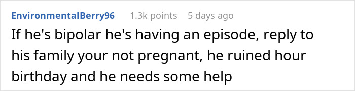 Comment discussing a fabricated pregnancy announcement affecting a woman's birthday dinner.