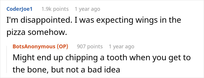 Reddit comment exchange about food expectations and humor with stuffed cheese bread. Reddit comment exchange about food expectations and humor with stuffed cheese bread.