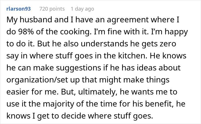 Text post about husband and wife discussing cooking and kitchen decorating agreement. Text post about husband and wife discussing cooking and kitchen decorating agreement.