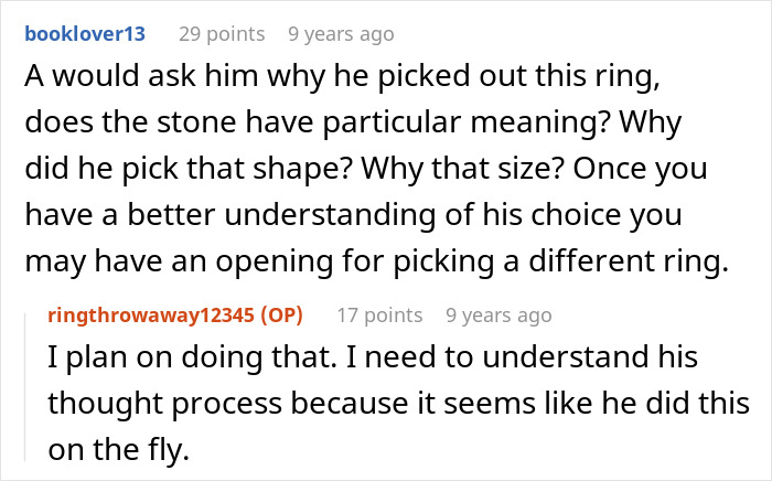 A Reddit conversation about a man picking an engagement ring and understanding his thought process.