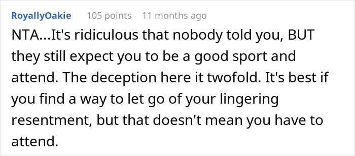 Comment discussing a person marrying their ex-girlfriend's cousin, addressing deception and expectations to attend an event.