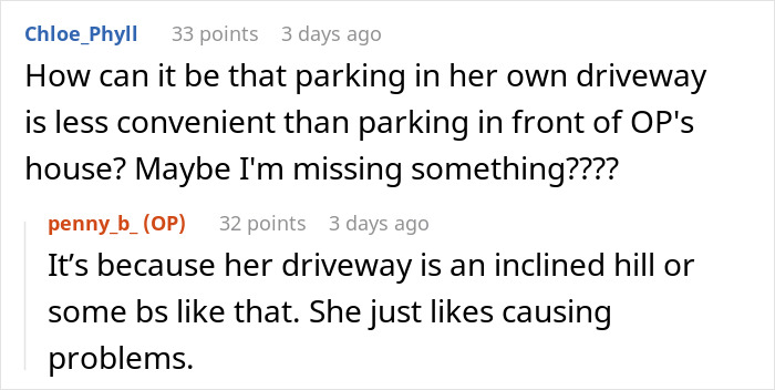 Reddit comments discussing a neighbor parking in a disabled spot, causing issues.