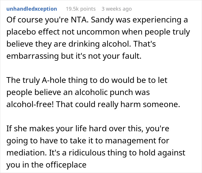 Reddit comment discussing a work party punch incident involving a coworker's reaction.