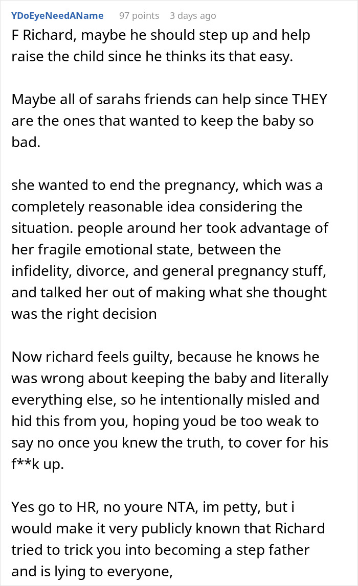 Reddit user comments discussing refusing to date a pregnant woman and related issues.