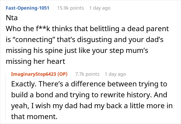 Reddit comments discussing a step-mom's attempt to teach a teen about her mom, leading to a harsh reality check.