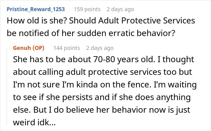 Reddit comments discussing elderly woman's behavior; mention of potential adult protective services due to OCD-related actions.