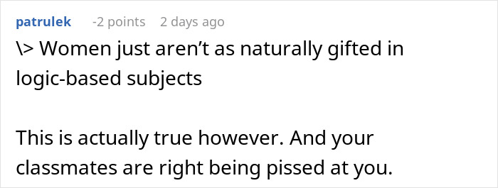 Screenshot of a comment discussing sexist remarks and student reactions.