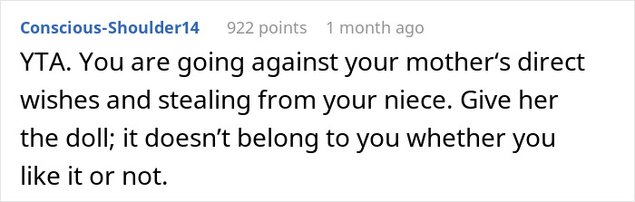 A comment critiquing an aunt for keeping a stolen niece's heirloom doll.