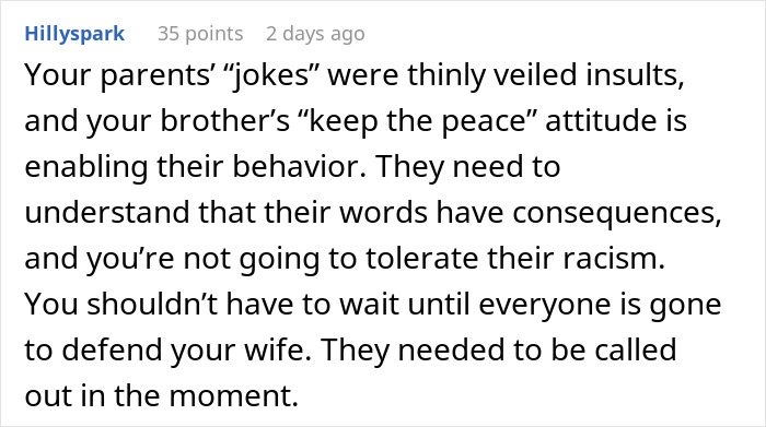 Reddit comment on confronting parents' racism towards son's Thai wife, emphasizing consequences and need for immediate action.