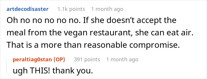 Reddit discussion about a vegan requesting $1,500 wedding menu changes, featuring user comments.