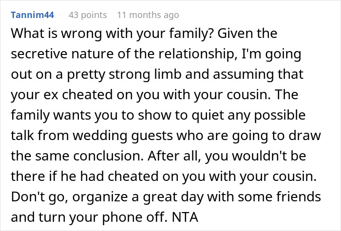 Text screenshot discussing a guy marrying his ex-girlfriend's cousin, mentioning cheating and family issues.