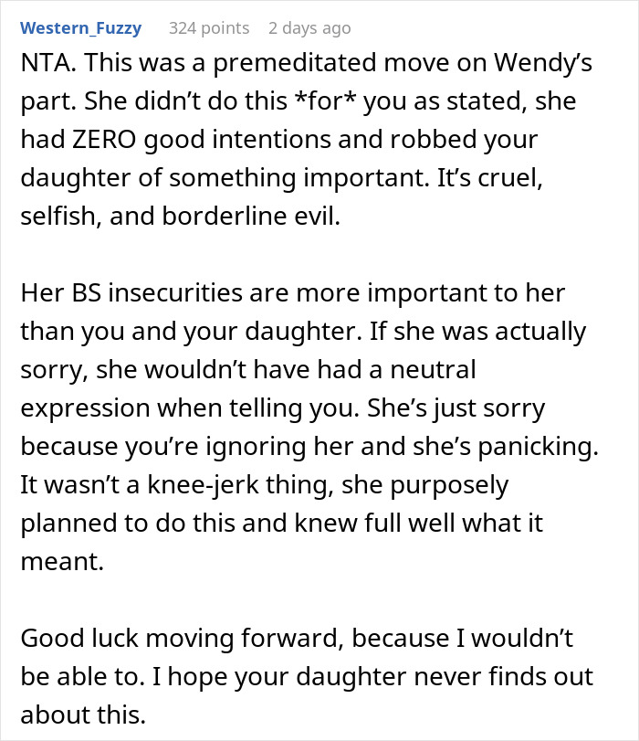 Text response discussing a woman's actions impacting plans to surprise a daughter with tapes of her late mother.