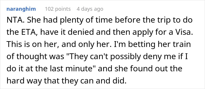 Text response to woman's trip issue about reimbursement and visa denial. Text response to woman's trip issue about reimbursement and visa denial.