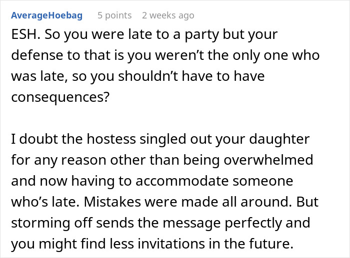 Reddit comment discussing a late arrival at a birthday party and its social consequences.