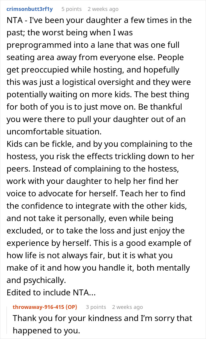 Discussion about a daughter's experience sitting alone at a birthday party.