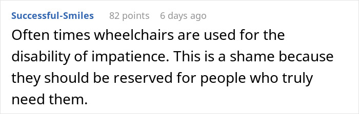 Comment on wheelchairs and impatience regarding handicapped seat.