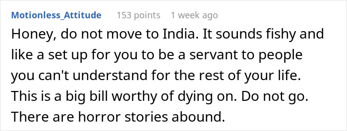 Online comment expressing concerns about relocating to India, mentioning doubt and potential pitfalls.