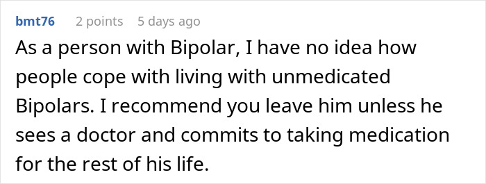 Comment discusses bipolar management and advice on medication in response to pregnancy announcement incident.