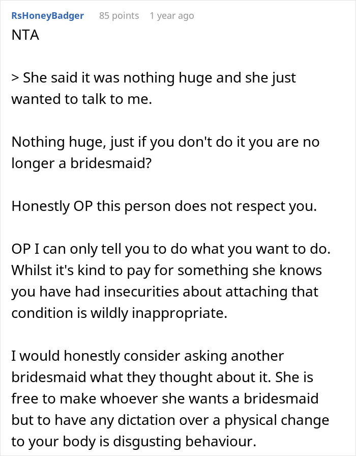 Text comments discussing bridesmaid facing pressure for facial surgery request. Text comments discussing bridesmaid facing pressure for facial surgery request.