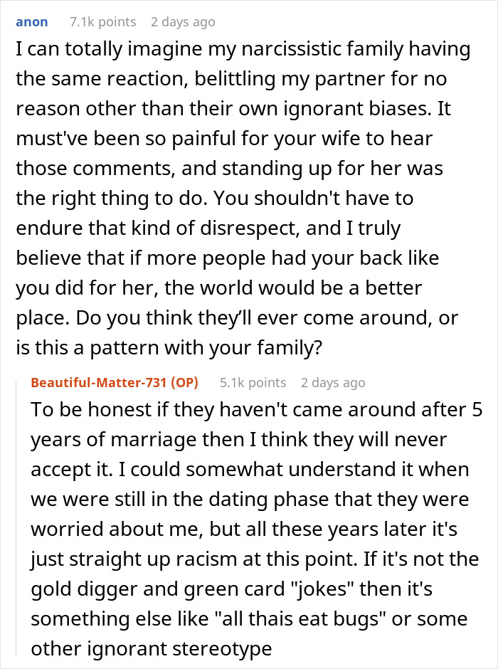 Discussion about dealing with racist comments towards a Thai wife on a social media platform.