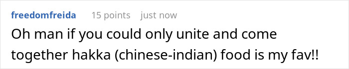 Comment discussing favorite Hakka (Chinese-Indian) food. Comment discussing favorite Hakka (Chinese-Indian) food.