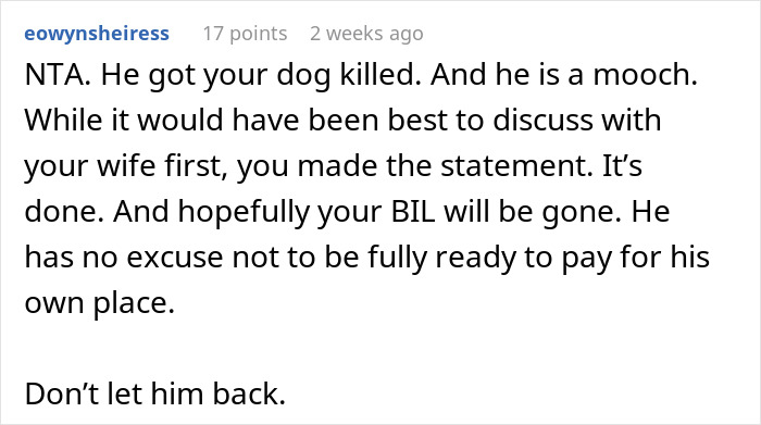 Comment on an online forum discussing a mooching brother-in-law causing issues within the family.