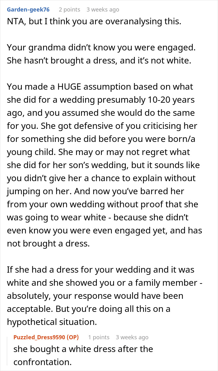 Reddit comment discussing a bride's concern over her grandmother wearing white to the wedding.