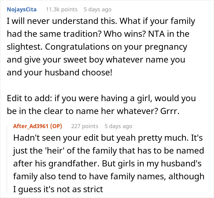 Reddit discussion on rejecting a baby name tradition, with users debating family naming customs.