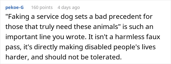 Text from user "pekoe-G" about the issue of fake service dogs affecting those in need.
