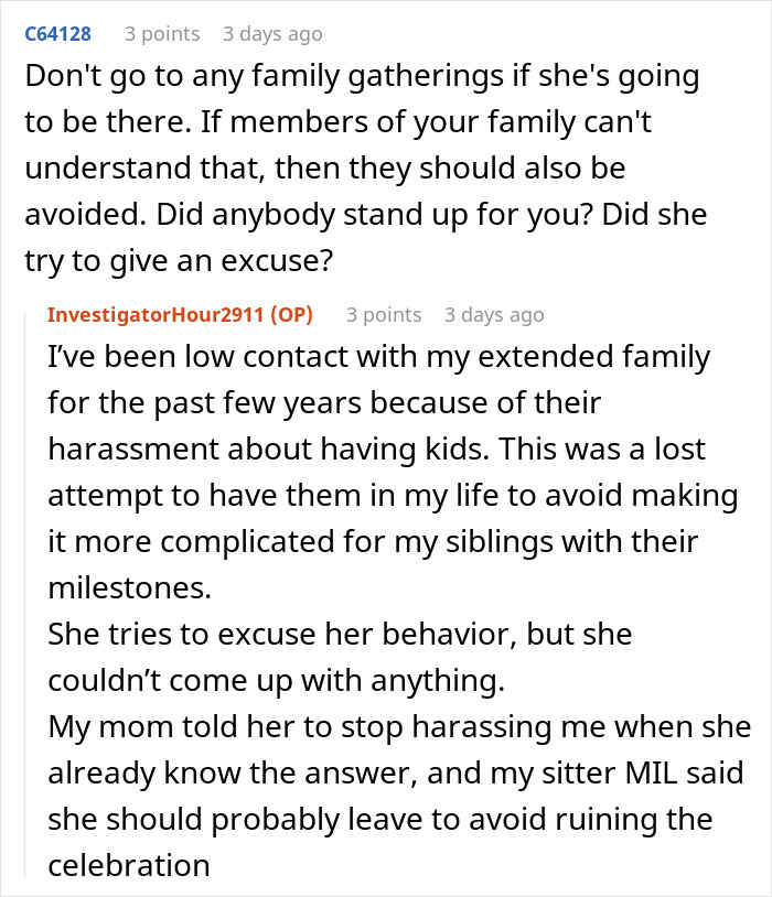 Online post about being annoyed by family questions on having kids; user shares experience of reduced contact. Online post about being annoyed by family questions on having kids; user shares experience of reduced contact.