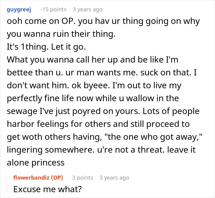 Comment thread about a drunk man's unexpected visit to ex-girlfriend before his wedding.