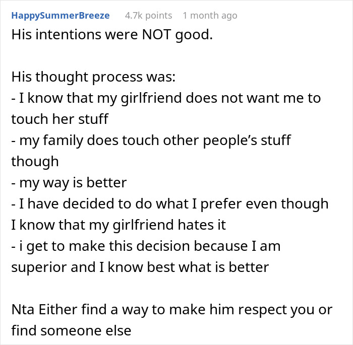 Text post discussing relationship issues and boundaries after boyfriend alters artwork.