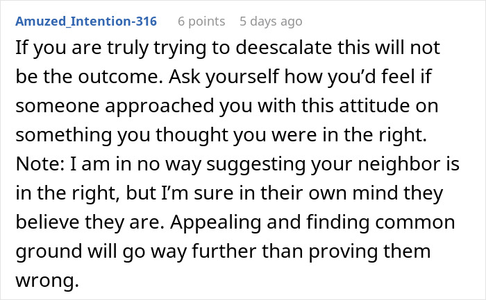 Reddit comment on neighbor issues, suggesting calm discussions over noise complaints for resolution.