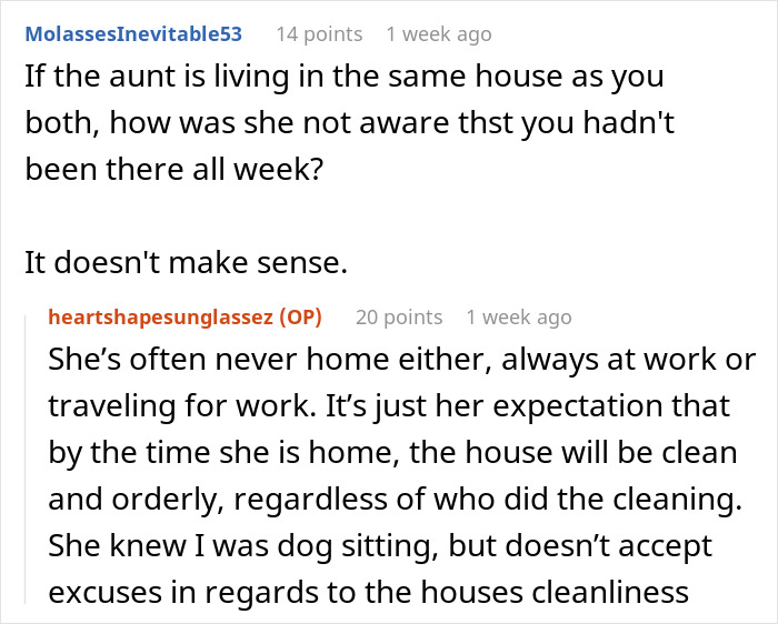 Comment thread discussing a conflict about a friend's living situation and house cleanliness.